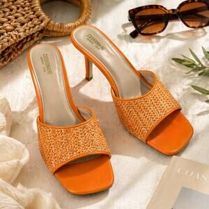 Orange Raffia Mule Heels Womens 10 Square Toe Slip On Summer Sandals Cushionaire
